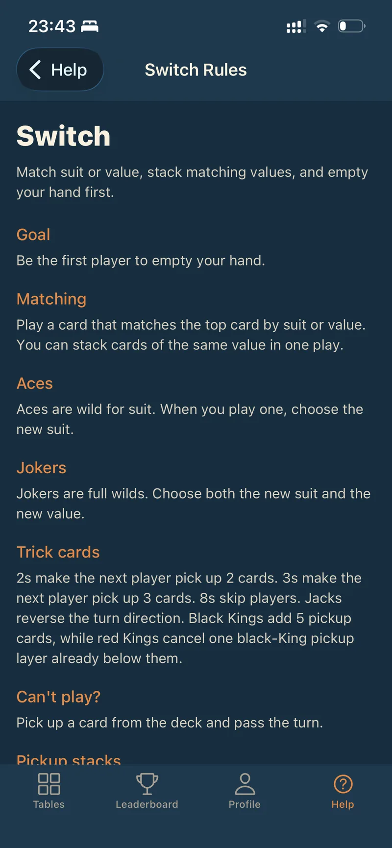 The in-app Switch rules screen in Piece of Cake