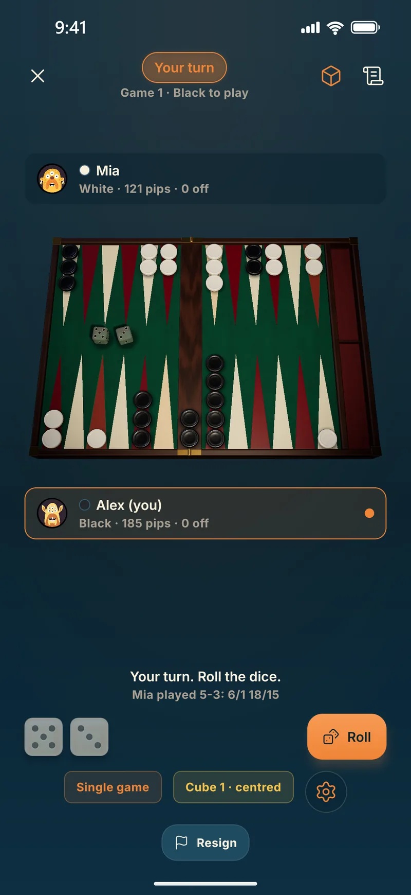 A game of backgammon in Piece of Cake, with the 3D board and both players&rsquo; checkers in play
