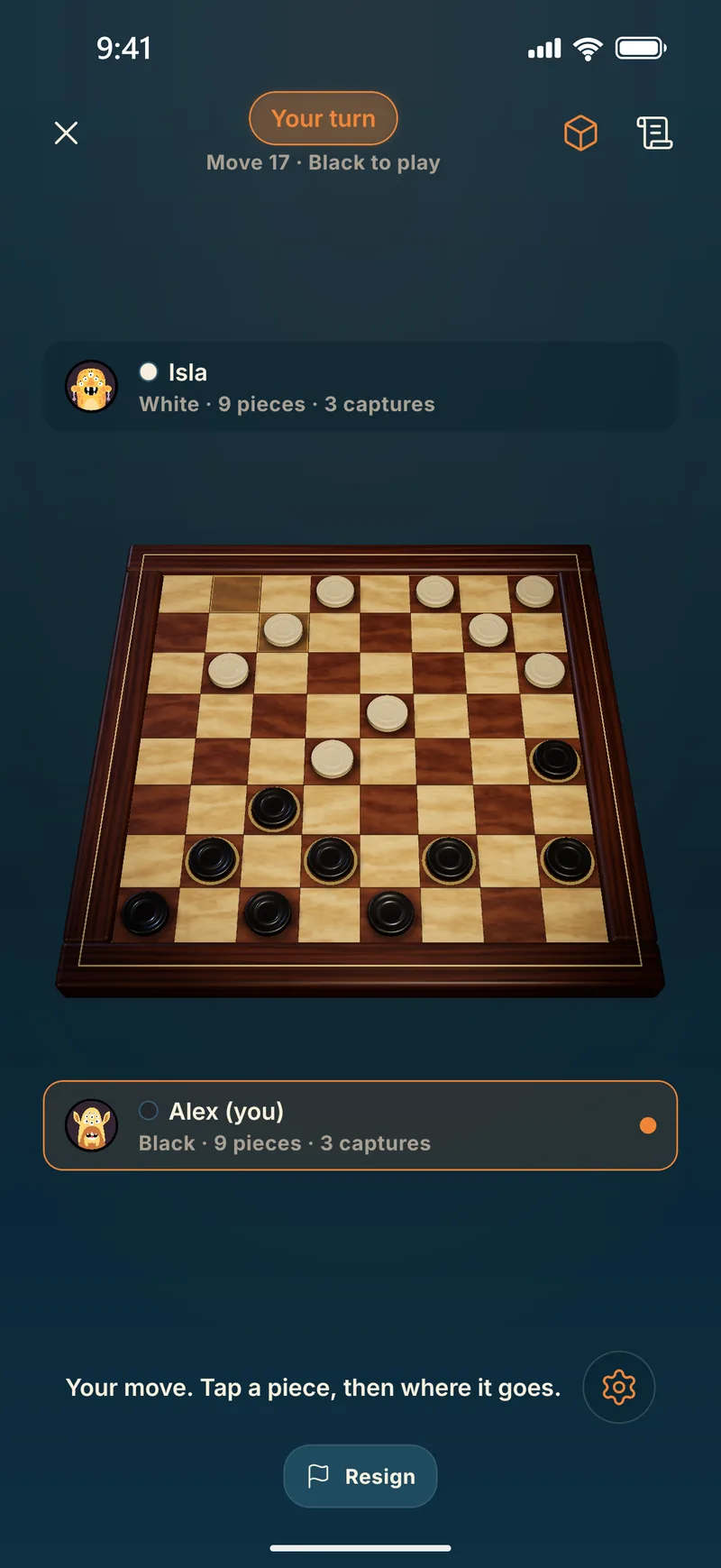 A game of checkers in Piece of Cake, on the 3D board mid-game