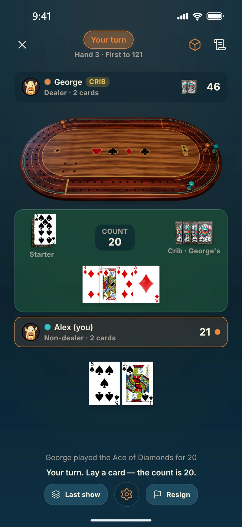 A cribbage hand in Piece of Cake, with the 3D pegboard, the starter card and the count of the play