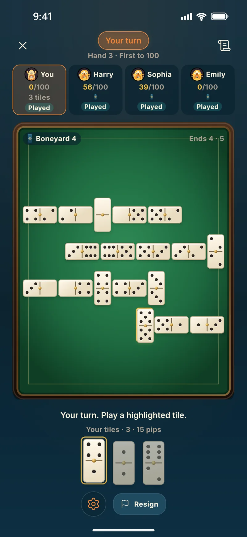 A game of dominoes in Piece of Cake, with the line of tiles on the felt table and a hand of three tiles