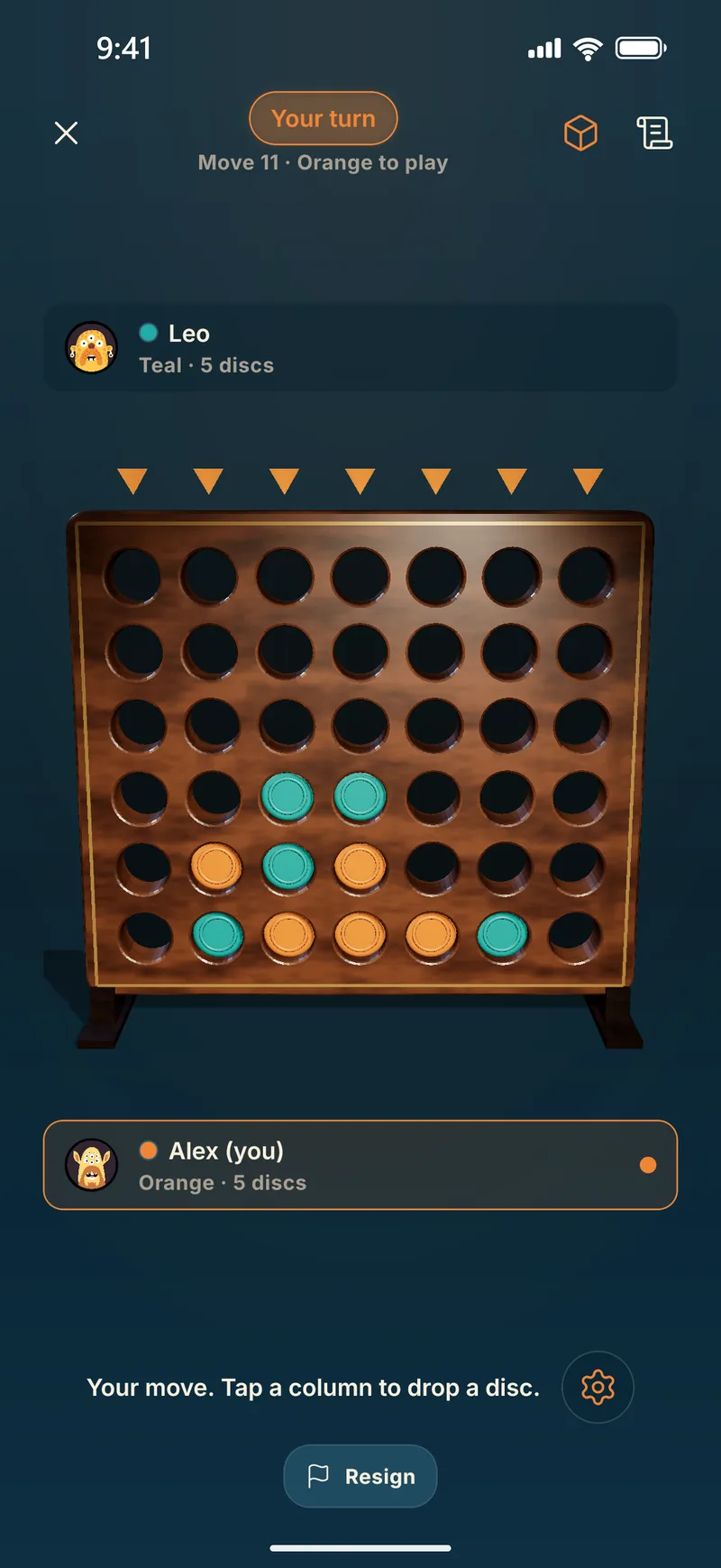 A game of Four in a Row in Piece of Cake, with orange and teal discs in the 3D walnut rack