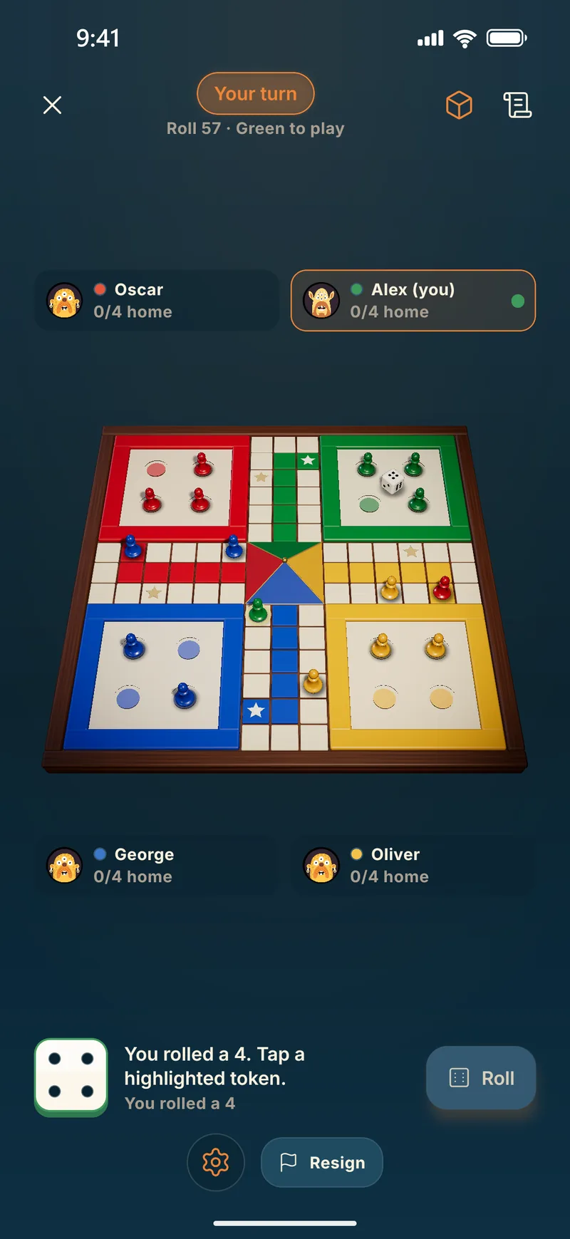 A game of Ludo in Piece of Cake, on the 3D board with tokens on their way home