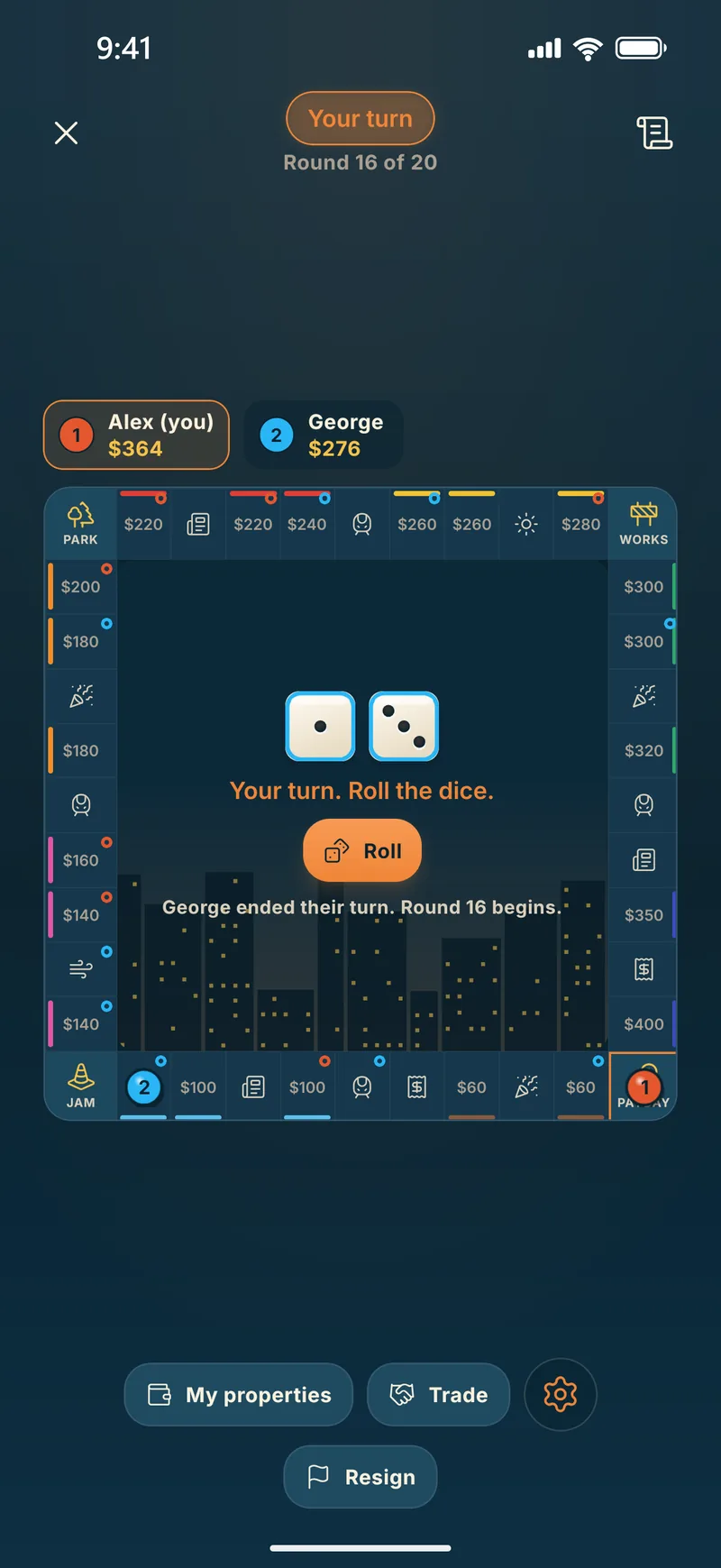A game of Moguls in Piece of Cake, showing the city board, players&rsquo; cash and the night skyline