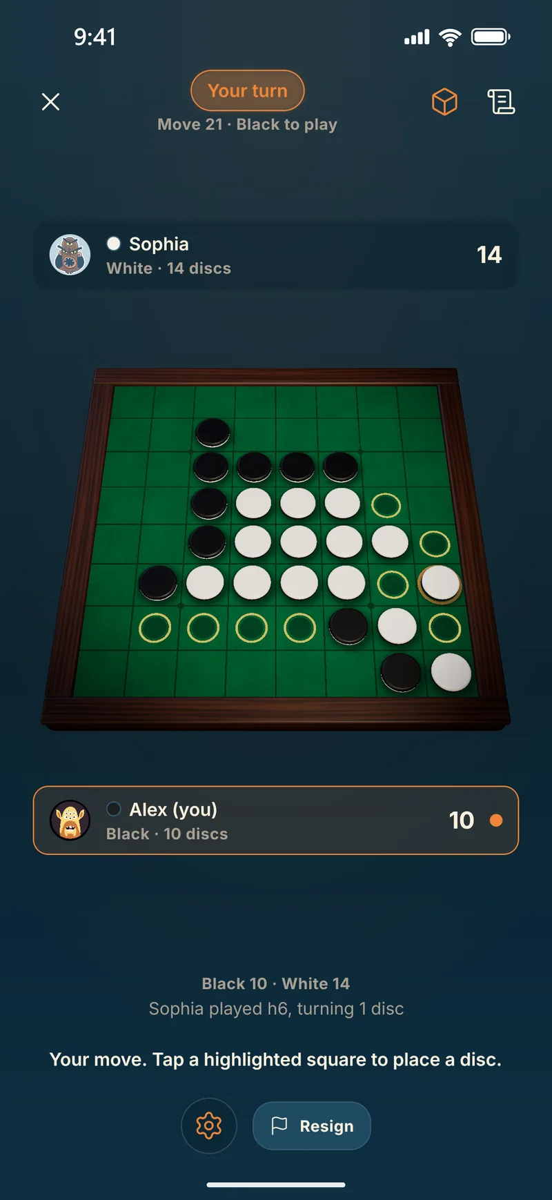 A game of Reversi in Piece of Cake, with the legal moves highlighted on the 3D board