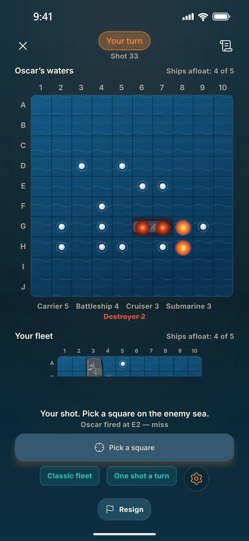 A game of Sea Battle in Piece of Cake, showing the enemy sea with hits and misses