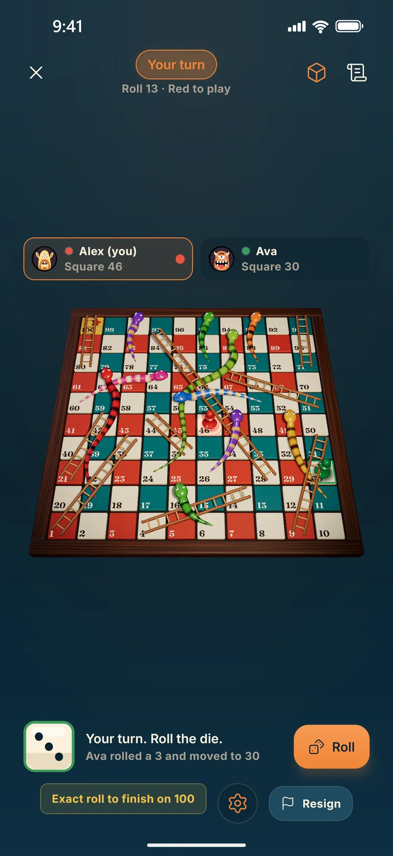 A game of Snakes and Ladders in Piece of Cake, on the 3D board
